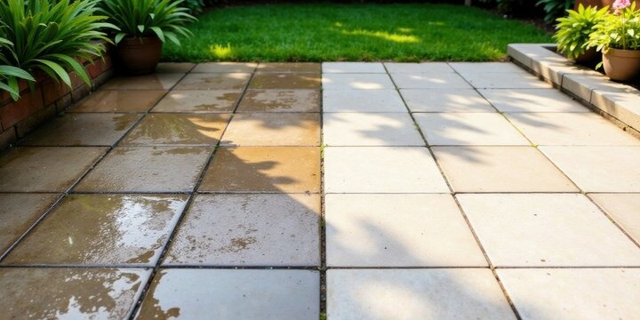 Clean patio stones, half before and half after pressure washing, showcasing a dramatic difference in cleanliness and color, ideal for advertising cleaning services.