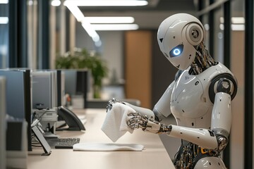 A humanoid robot wipes the dust in the office. The robot is holding a white towel.