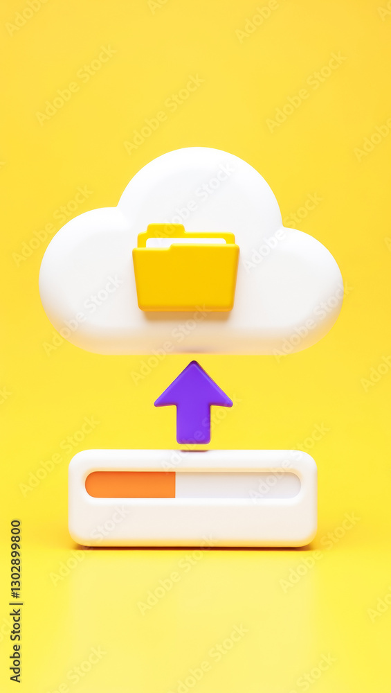 Poster yellow folder is being uploaded to a cloud via a purple arrow and progress bar set against a bright 