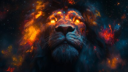 Fiery lion in space; majestic animal; cosmic fire; futuristic artwork; digital art