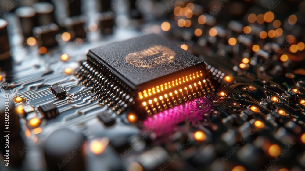 Aufkleber close up of a microchip highlighting technology and circuit connections