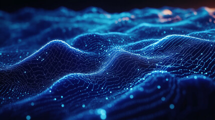 Abstract Blue Digital Waveform Glowing Particle Network Data Visualization Technology Background