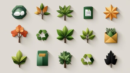 Eco-Friendly Business Icons Set for Sustainable Practices and Environmental Awareness on Simple Background
