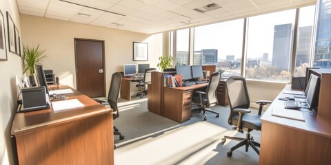 Sunlit modern office workspace with desks, computers, and city view.