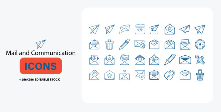A comprehensive set of 32 mail and communication icons in a clean, minimalist design. Perfect for enhancing your digital communication projects, available in 256x256 editable stock format.