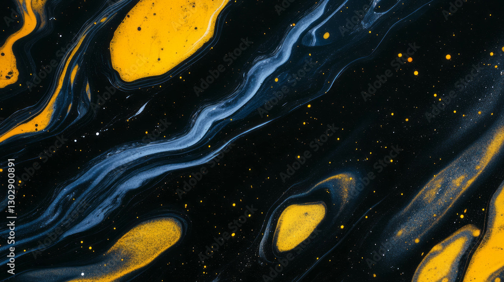 Poster cosmic abstract background with swirling galaxy patterns in dark blue and yellow
