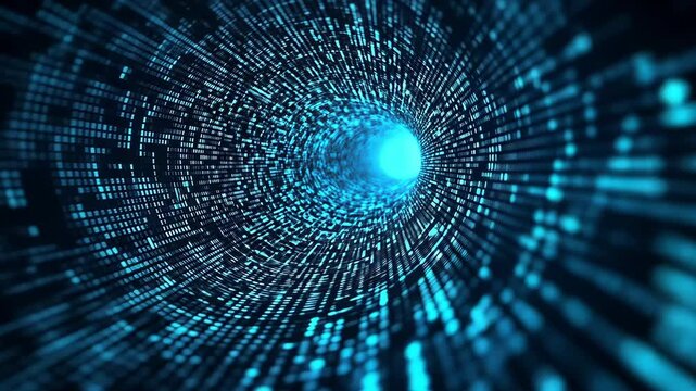 Digital Tunnel of Glowing Blue Binary Code Futuristic Journey Through Technology and Data Flow, Evoking Depth and Innovation in Vibrant Atmosphere.