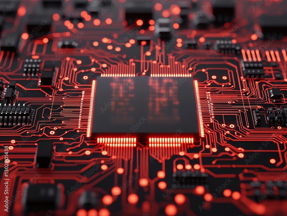 Poster high-tech red circuit board close-up technology lab digital electronics futuristic environment macro