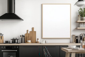 Mockup de moldura vertical em cozinha moderna com utensílios, plantas e decoração minimalista, criado com IA generativa para visualização de arte e design
