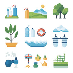 Flat vector icons representing ecology, environment, and sustainability
