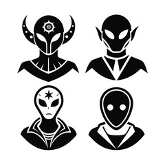 set of 4 Alien icons of silhouette black illustration isolated on a transparent background