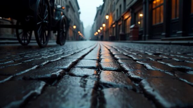 Closeup of wet cobblestone streets in a 19th century industrial city