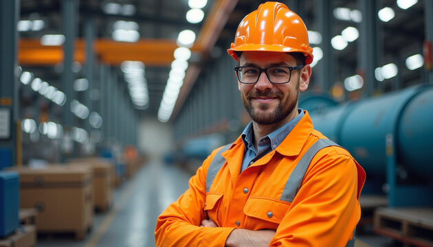 Smiling worker in orange safety gear at industrial facility, labor day