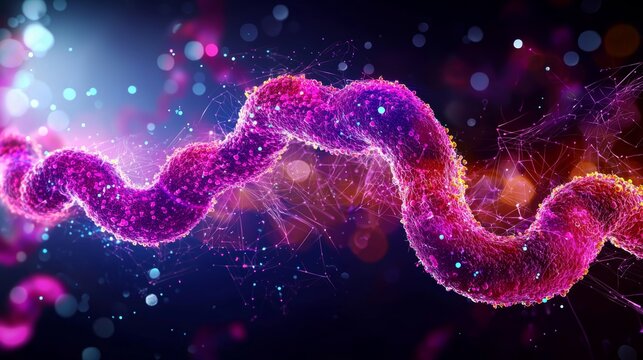 Dynamic bacteria in motion, Campylobacter jejuni spirals glowing with bioluminescent colors, captured in a high-definition digital watercolor style with abstract floating molecular details