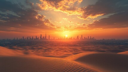 Desert sunset over Dubai skyline