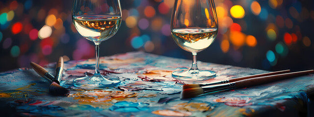 Expressive Art Scene with Paint and Wine