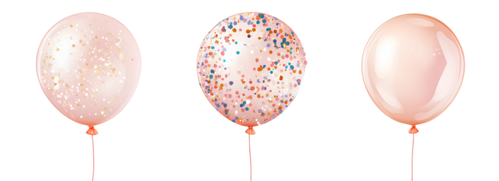 3 different colorful confetti balloons, vector style, white background, PNG transparent