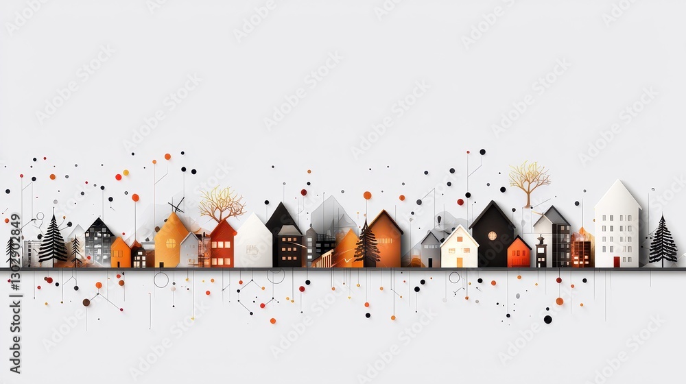 Poster stylish artistic border design featuring icons of teamwork with colorful houses and abstract element
