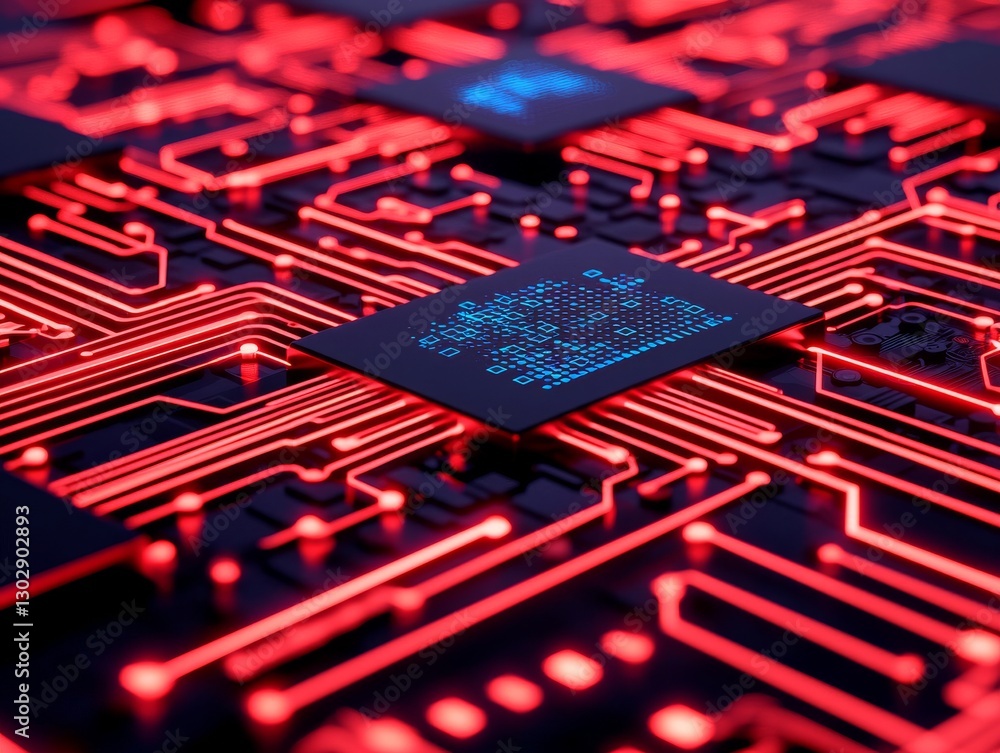 Poster abstract close-up of red circuit patterns digital technology art futuristic environment high angle v