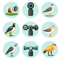 Birdwatching concept with birds of prey and vintage binoculars icons