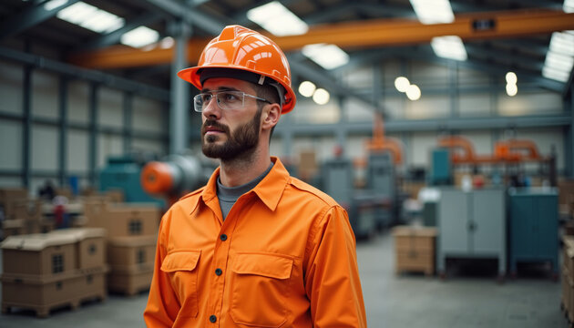 Worker in orange safety gear observing in warehouse, labor day