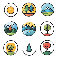 Nature Scenes Icons Set, Mountain, Tree, Sun, Landscape Vector Illustration