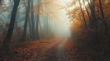 Fototapeta premium Walking Path Through Autumn Forest in Fog with Sunlight Shining Through