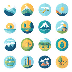Scenic landscapes in vector art style showcases nature and travel themes.