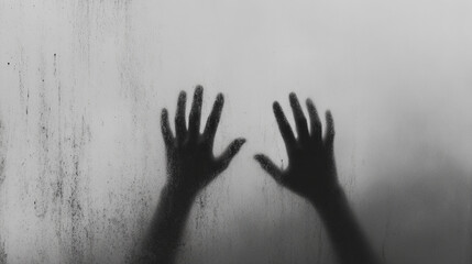 Silhouette of two hands reaching against a foggy surface. This image symbolizes a sense of longing, separation, or the emotional struggle of being trapped behind an invisible barrier.