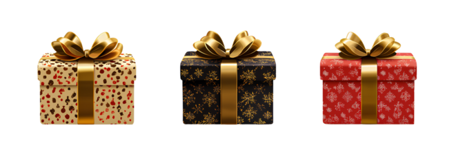 Three present boxes with different patterns and gold bows, against a white background, in a hyper-realistic style
