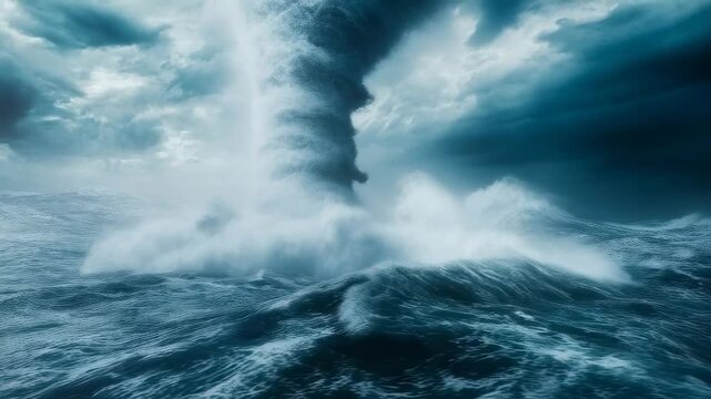 Massive waterspout forms over turbulent ocean waters during a stormy day showcasing nature's power