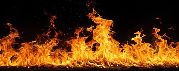 Fire flames on black background, orange and yellow hell light in campfire fireplace for meat cooking