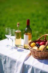 Obraz premium A sunny outdoor picnic scene featuring wine bottles, wine glasses, and a wicker basket filled with fresh fruit and bread