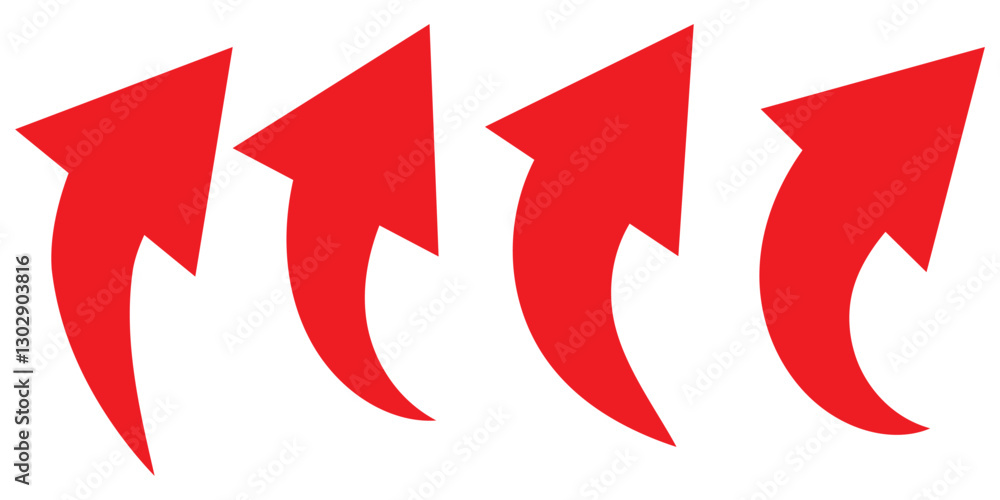 Poster red large forward or left pointing solid long arrow icon sketched as vector symbol