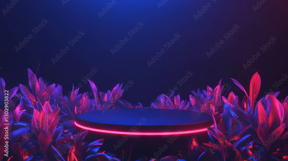 Aufkleber futuristic neon podium with glowing flowers for event display or presentation
