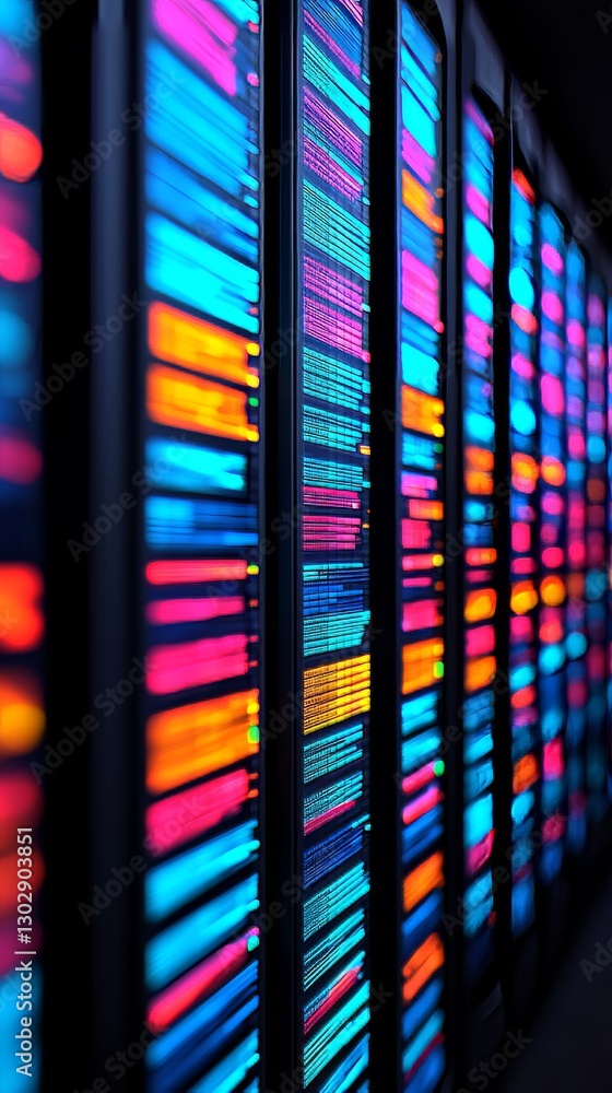 Poster dynamic data center server racks modern facility high-tech display vibrant environment close-up view
