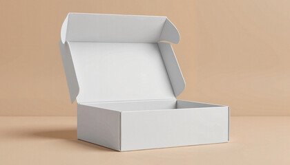 Open white box against beige background, mockup
