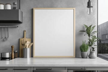 Mockup de moldura vertical em cozinha moderna com utensílios, plantas e decoração minimalista, criado com IA generativa para visualização de arte e design