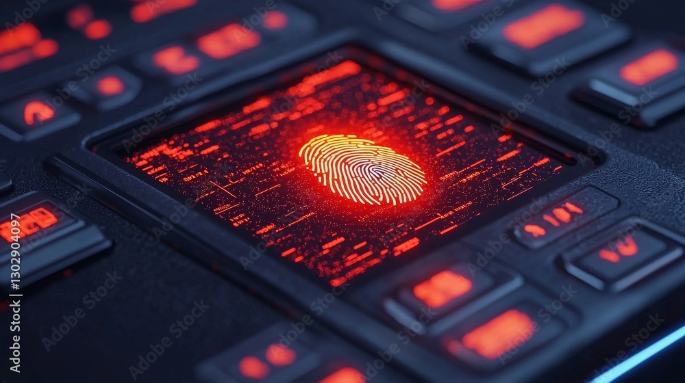 Poster futuristic fingerprint scanner technology urban security systems digital innovation high-tech enviro