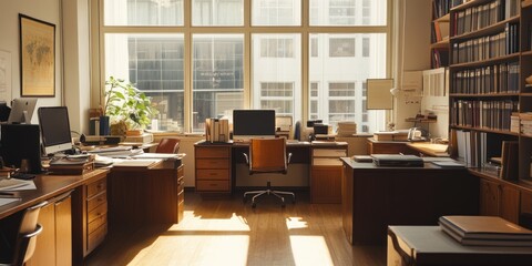 Sunlit office with two desks, computers, bookshelves, and large window.