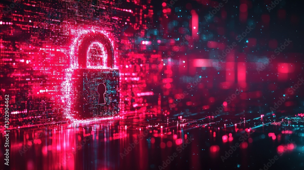 Poster digital lock security concept, glowing padlock on abstract data network