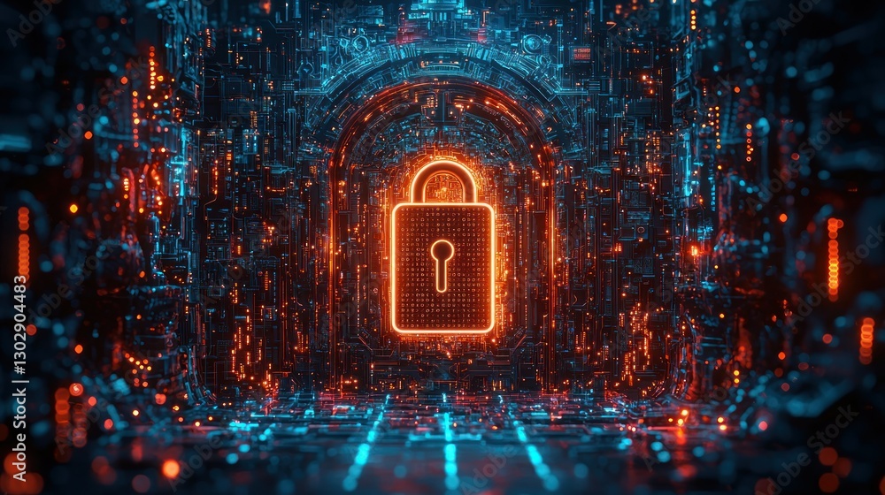 Poster digital lock in glowing data center tunnel