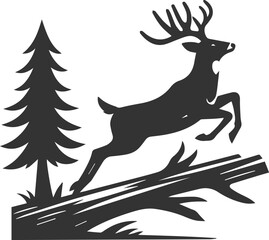 A deer mid leap over a fallen tree animal silhouette vector