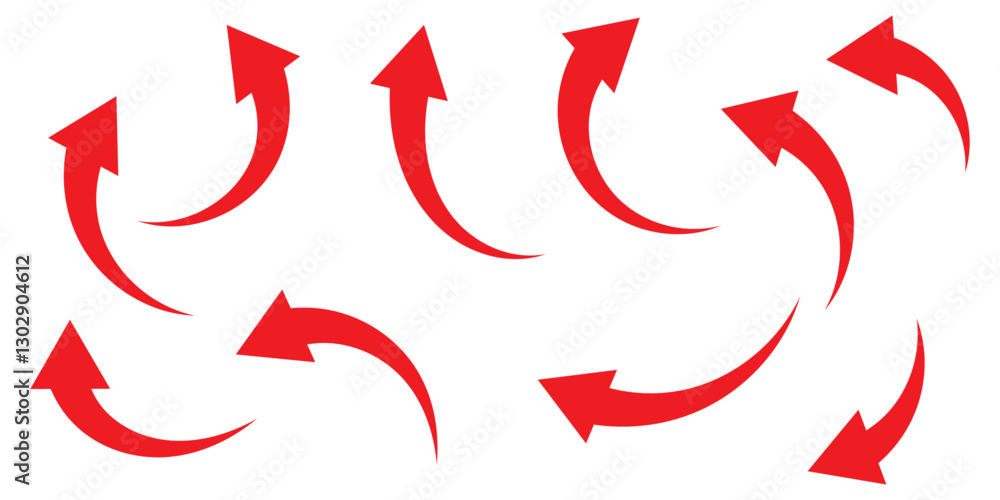 Poster red large forward or left pointing solid long arrow icon sketched as vector symbol