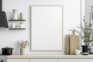 Mockup de moldura vertical em cozinha moderna com utensílios, plantas e decoração minimalista, criado com IA generativa para visualização de arte e design