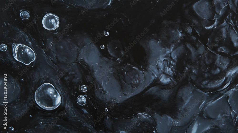 Poster Close up of deep slate gray oil substance with bubbles texture for abstract design