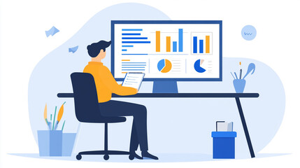 Man analyzing data on computer screen.