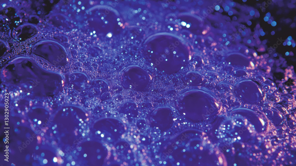 Poster close-up texture of deep violet oil with shimmering bubbles