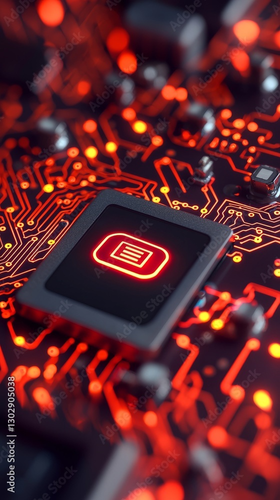 Poster red illuminated data icon on circuit board technology concept close-up view electronic environment d