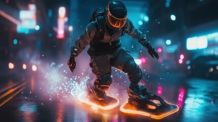 Futuristic Nightscape: Astronaut on Hoverboard